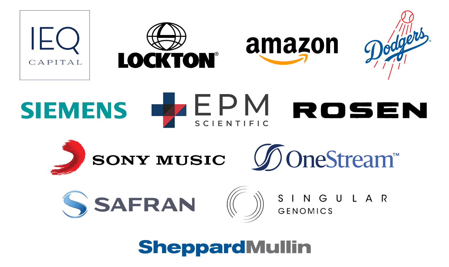 Collage of Institutions Logos, including IEQ Capital, Lockton Companies, Amazon, Los Angeles Dodgers, Siemens, EPM Scientific, Rosen Skincare, Sony Music, OneStream, Safran and Singular Genomics and SheppardMullin.